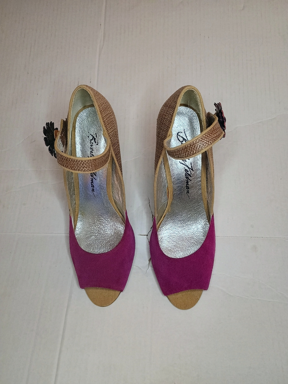 Beverly Feldman Women's Magenta Suede Peep-Toe Heels with Tan Strap 9.5 4in Heel